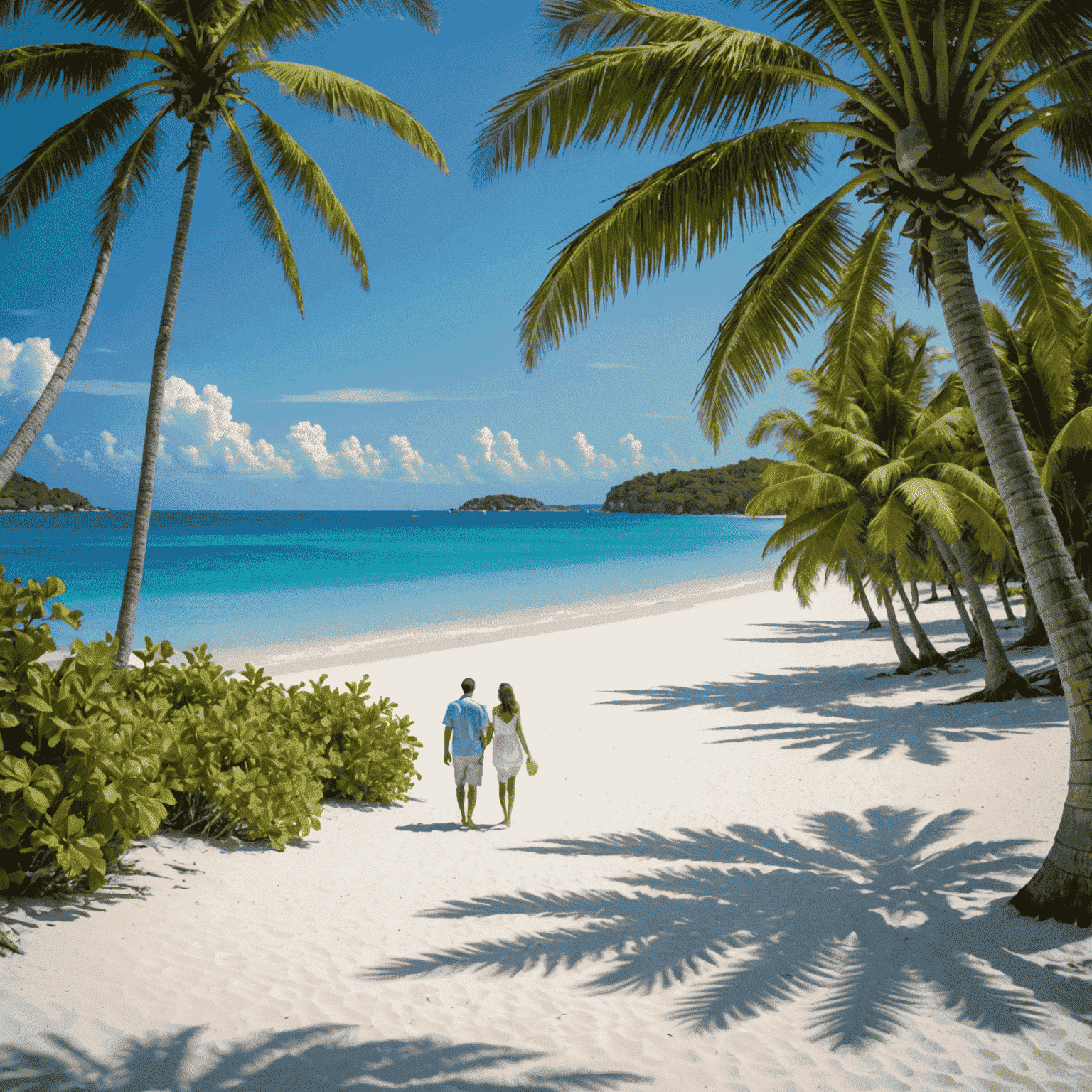 Panoramic view of a beautiful tropical beach with crystal clear water, white sand, and palm trees. A couple is walking along the shore, symbolizing the perfect Gmqn travel experience.