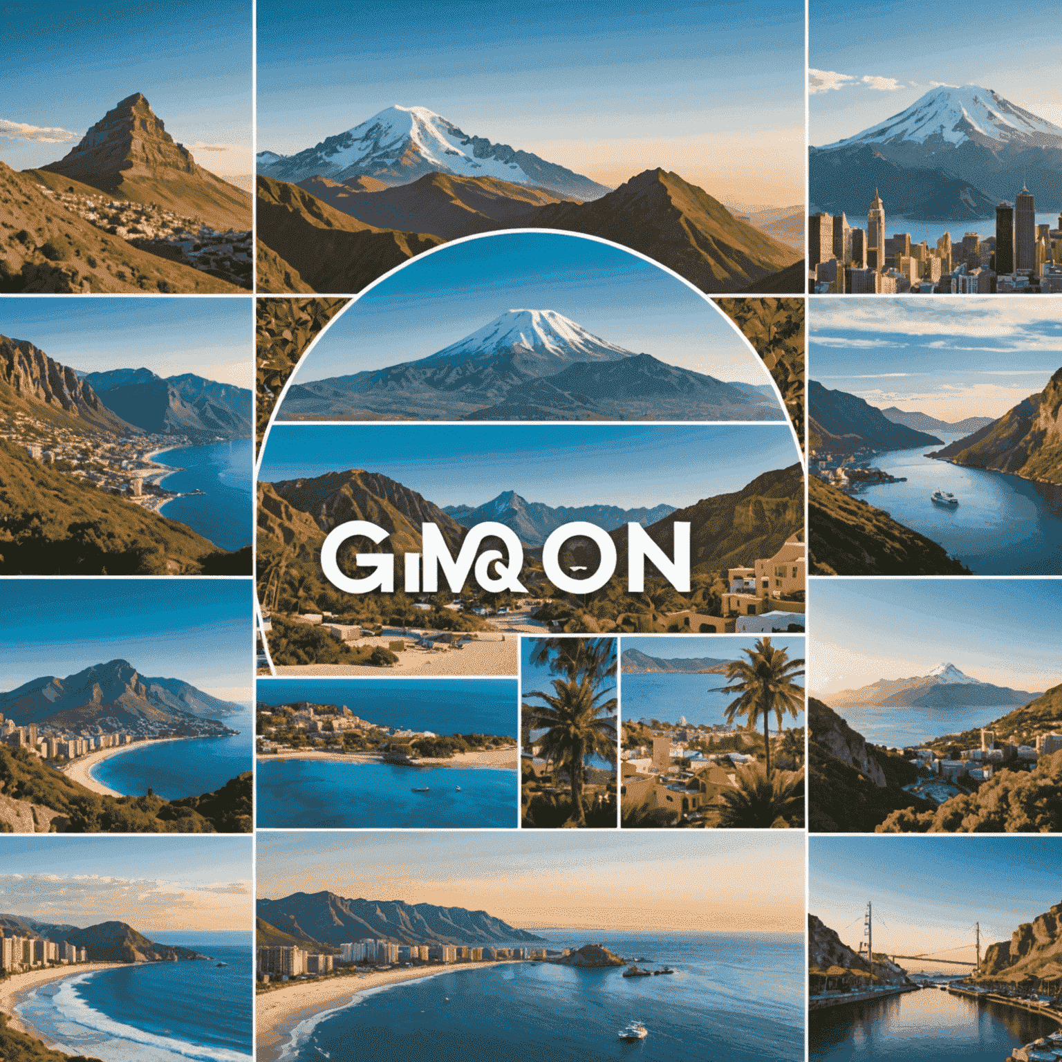 A collage of travel images showcasing various destinations, including beaches, mountains, and cityscapes, with a Gmqn logo overlay