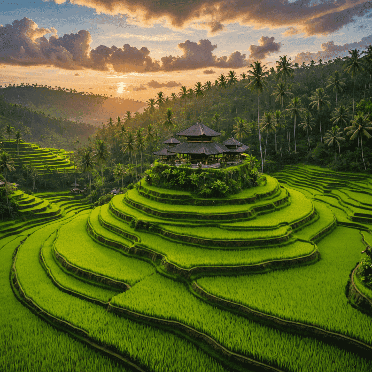 Aerial view of Bali's lush green rice terraces with a traditional temple in the foreground, surrounded by palm trees and a vibrant sunset sky