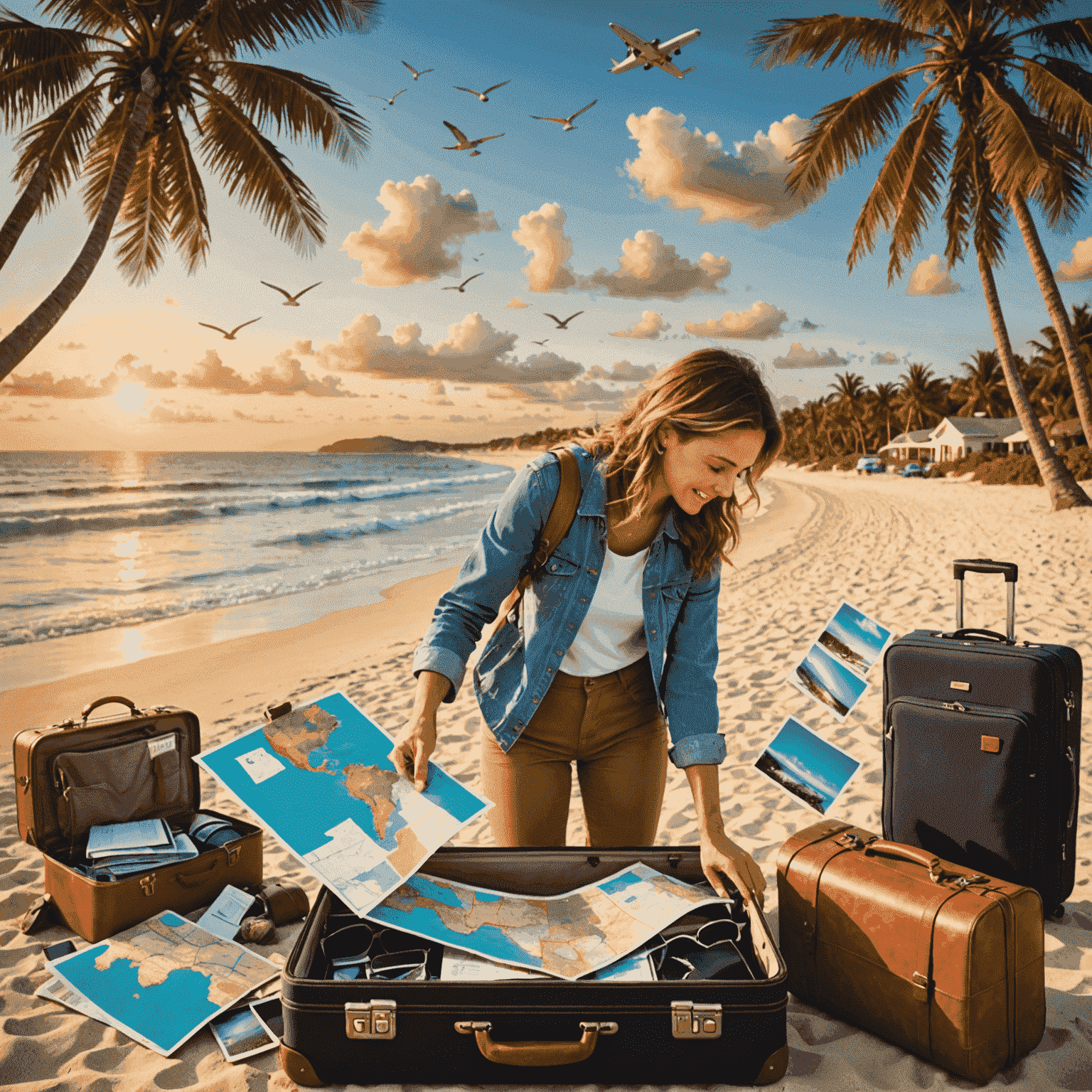 A collage of travel scenes including a person packing a suitcase, a map with pins, and a beautiful beach sunset, representing various aspects of travel planning and experiences