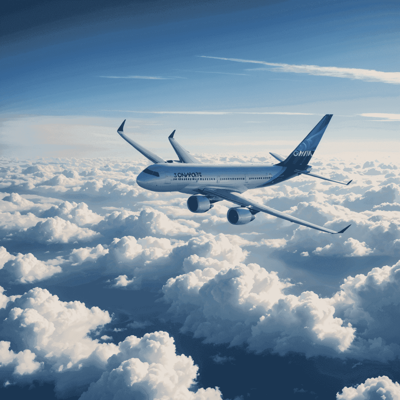 A modern airplane flying through clouds, representing Gmqn's flight booking service