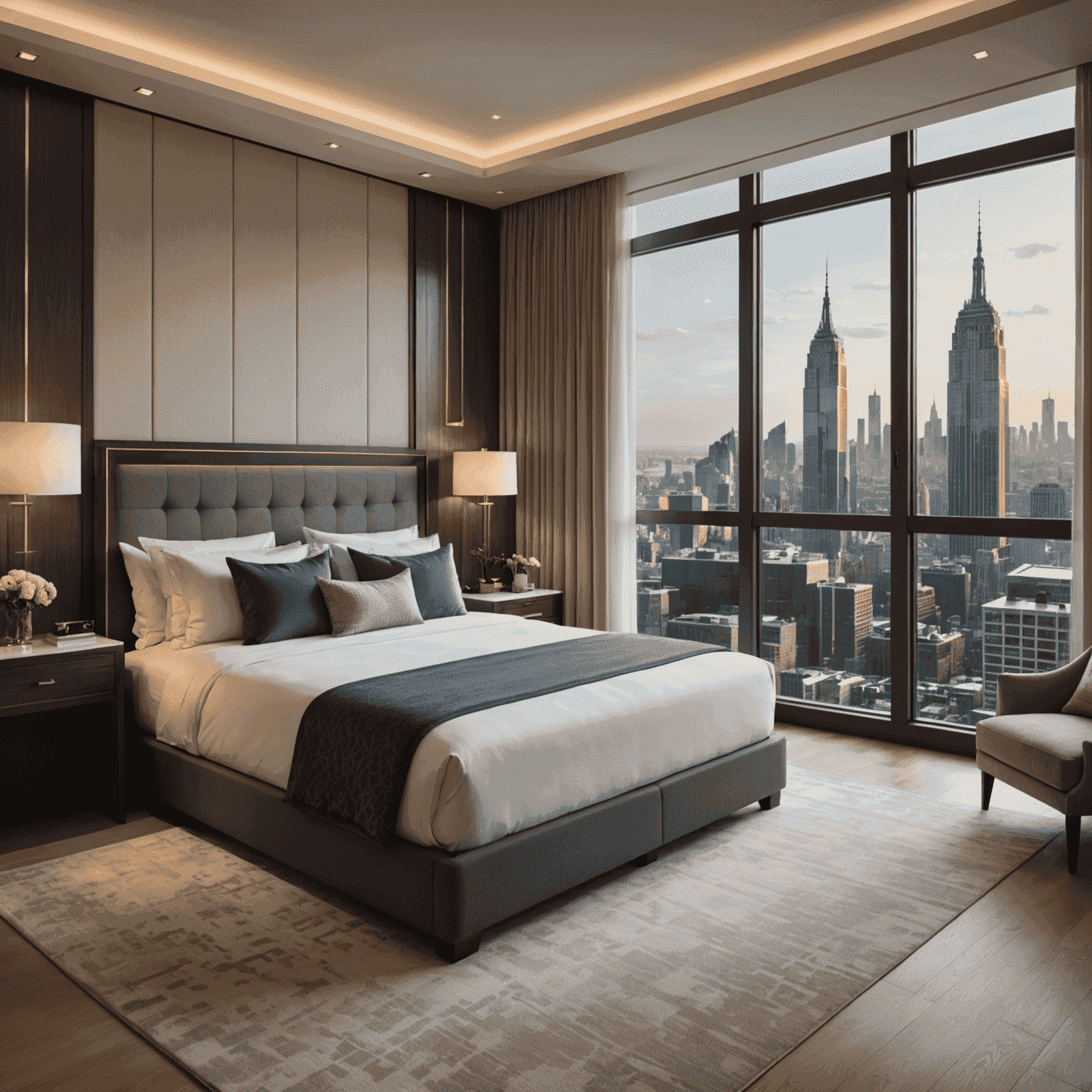 Luxurious hotel room with a king-size bed, modern decor, and a stunning city view through large windows