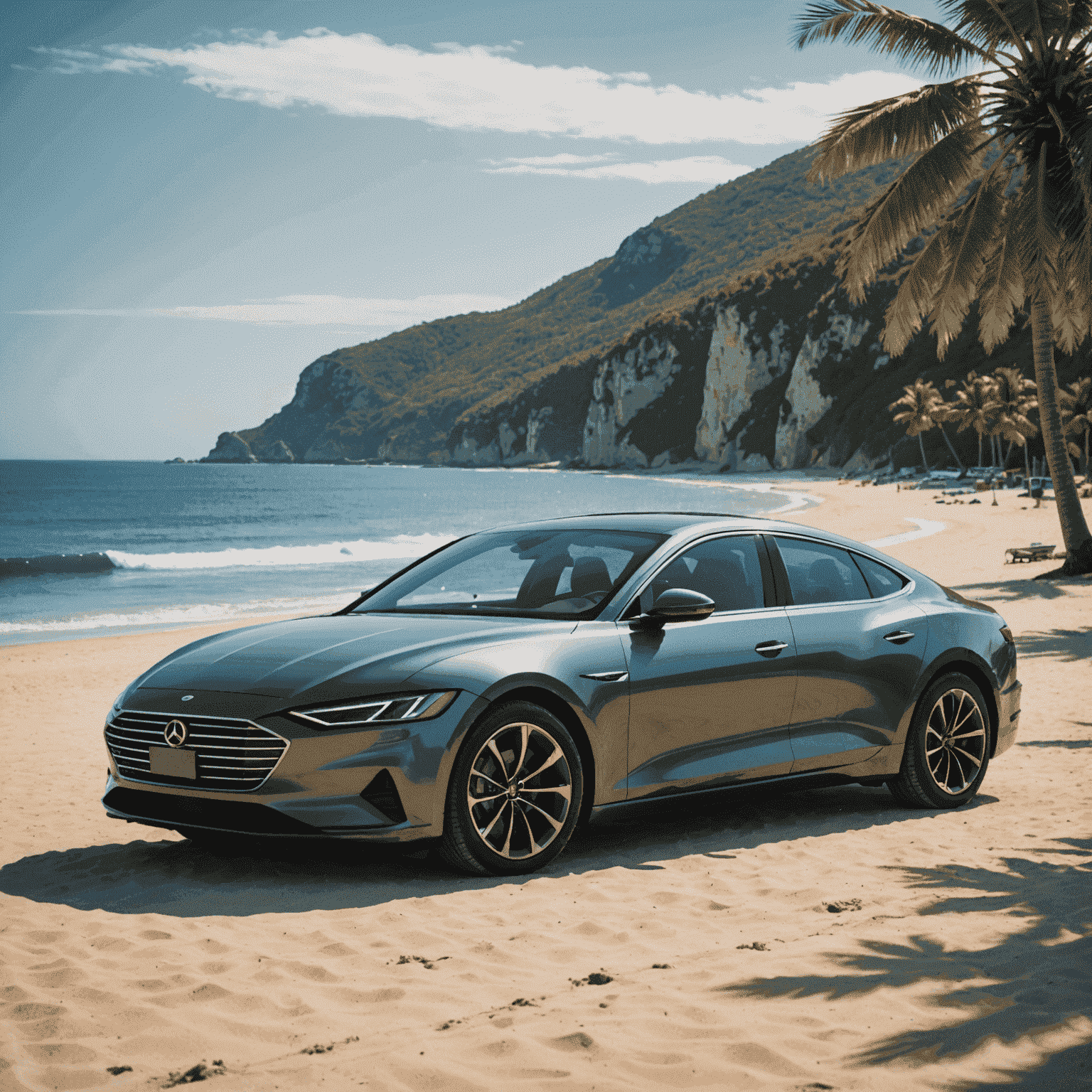 A sleek, modern car parked in front of a scenic beach backdrop, symbolizing the freedom and adventure of renting a car for your holiday