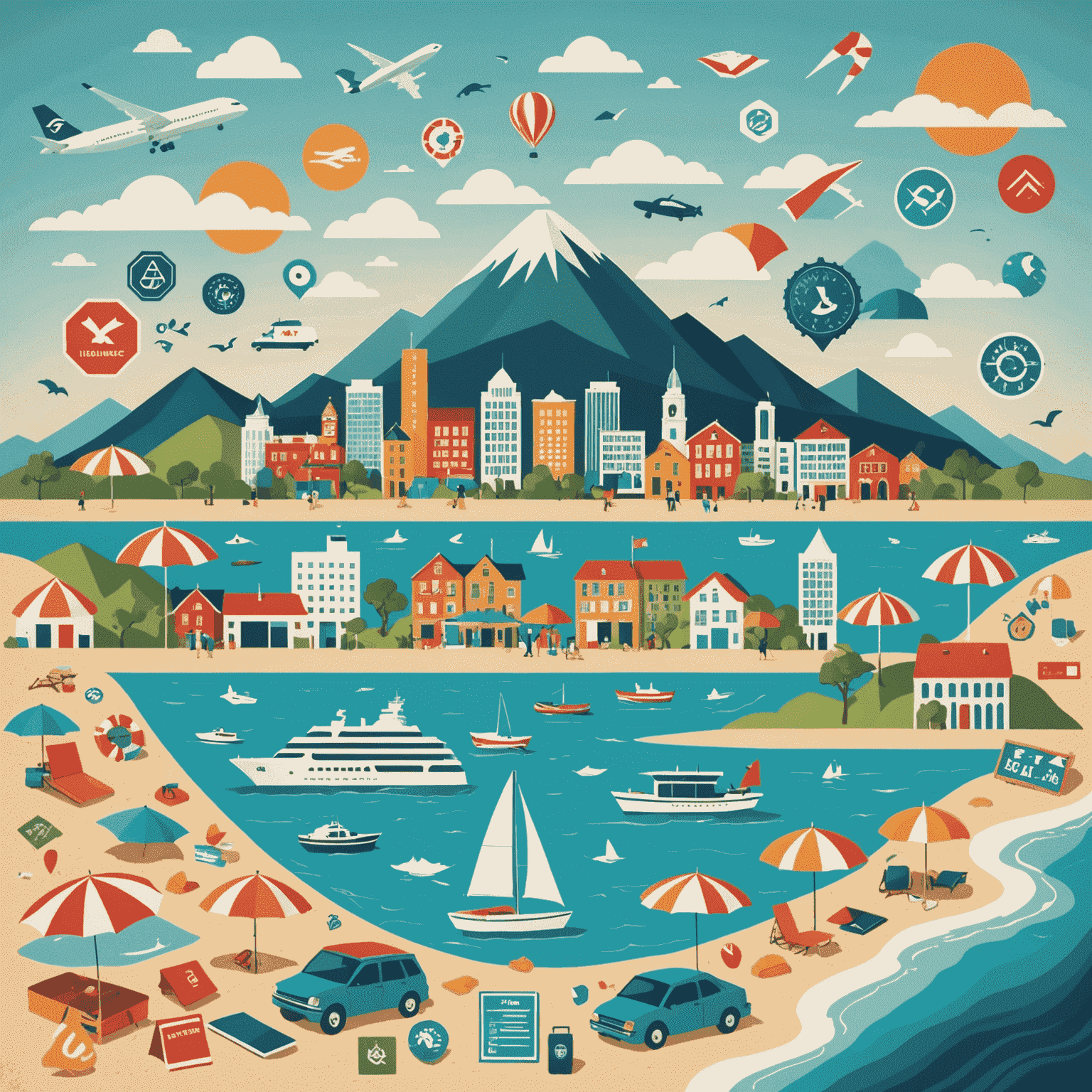 A collage of travel scenes: a beach, mountains, and a city skyline, overlaid with insurance policy icons