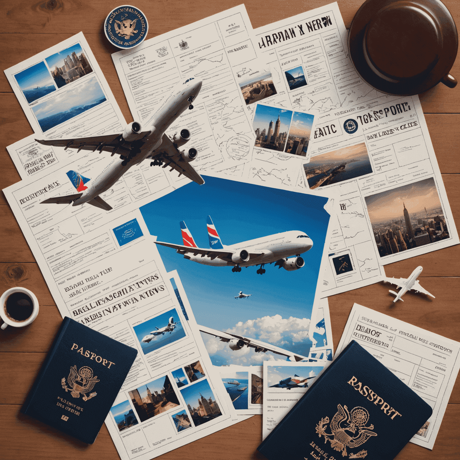 A collage of travel-related images: airplane taking off, passport with stamps, and a breaking news ticker