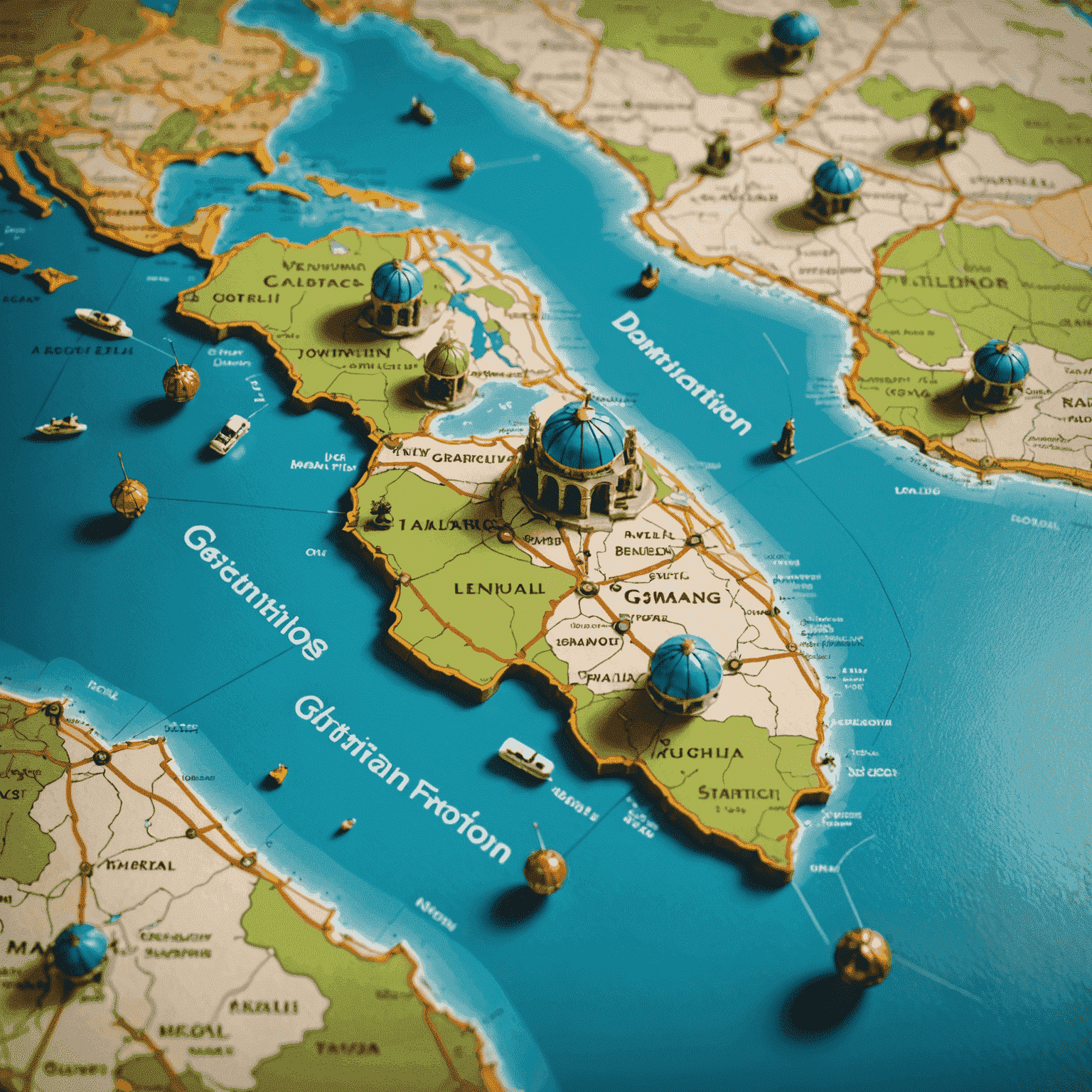 A map highlighting new destinations added to Gmqn's travel offerings, with pins marking exotic locations