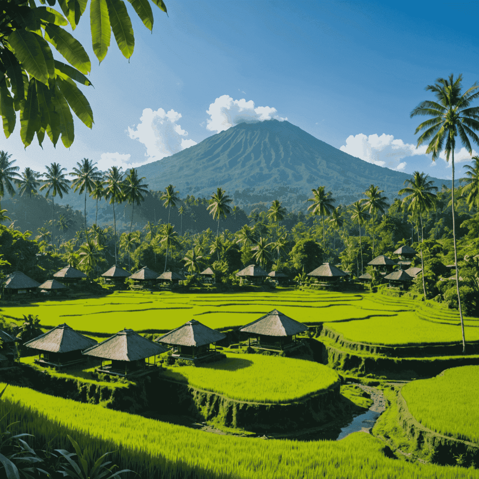 Panoramic view of Sidemen Valley with lush green rice terraces, traditional Balinese houses, and Mount Agung looming in the background under a clear blue sky