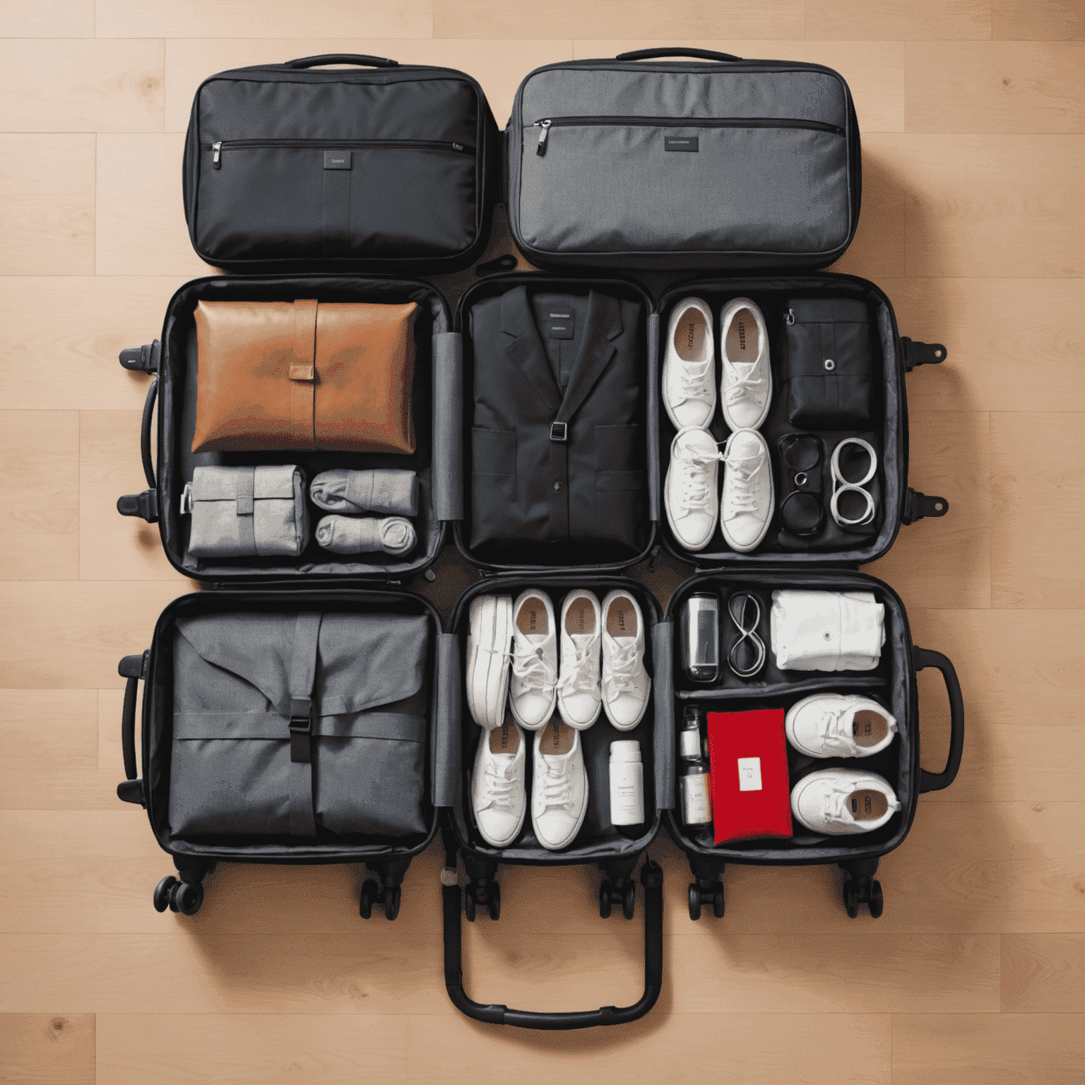 An organized suitcase with neatly folded clothes, travel-sized toiletries, and essential gadgets, showcasing efficient packing techniques for a Gmqn holiday