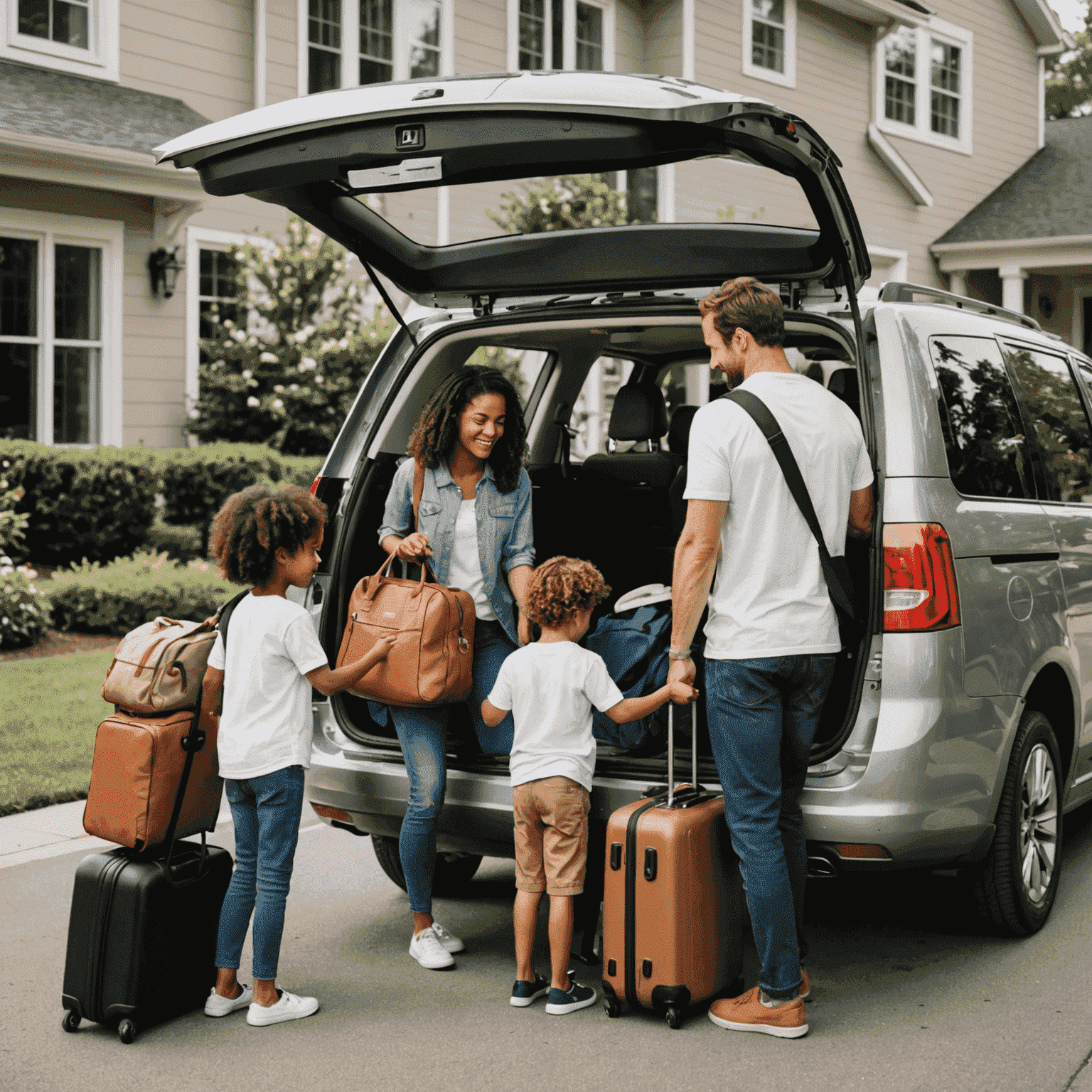 A happy family loading luggage into a rented minivan, ready to embark on their Gmqn holiday adventure