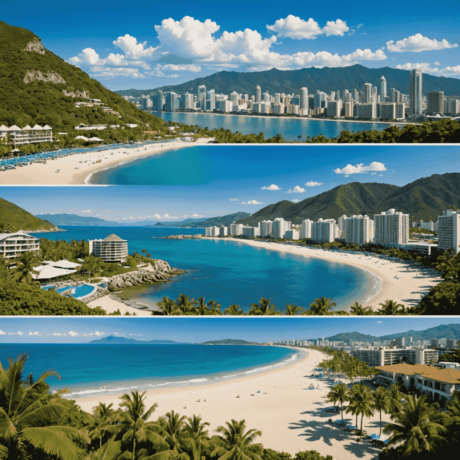 A montage of various travel destinations: beach resort, mountain landscape, and city skyline