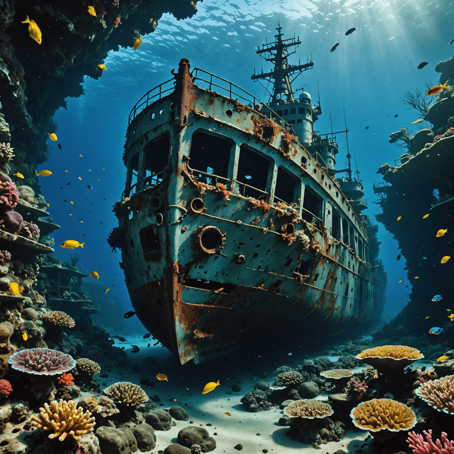 Underwater scene of the USS Liberty shipwreck in Tulamben, Amed, with colorful coral formations and tropical fish swimming around the wreck