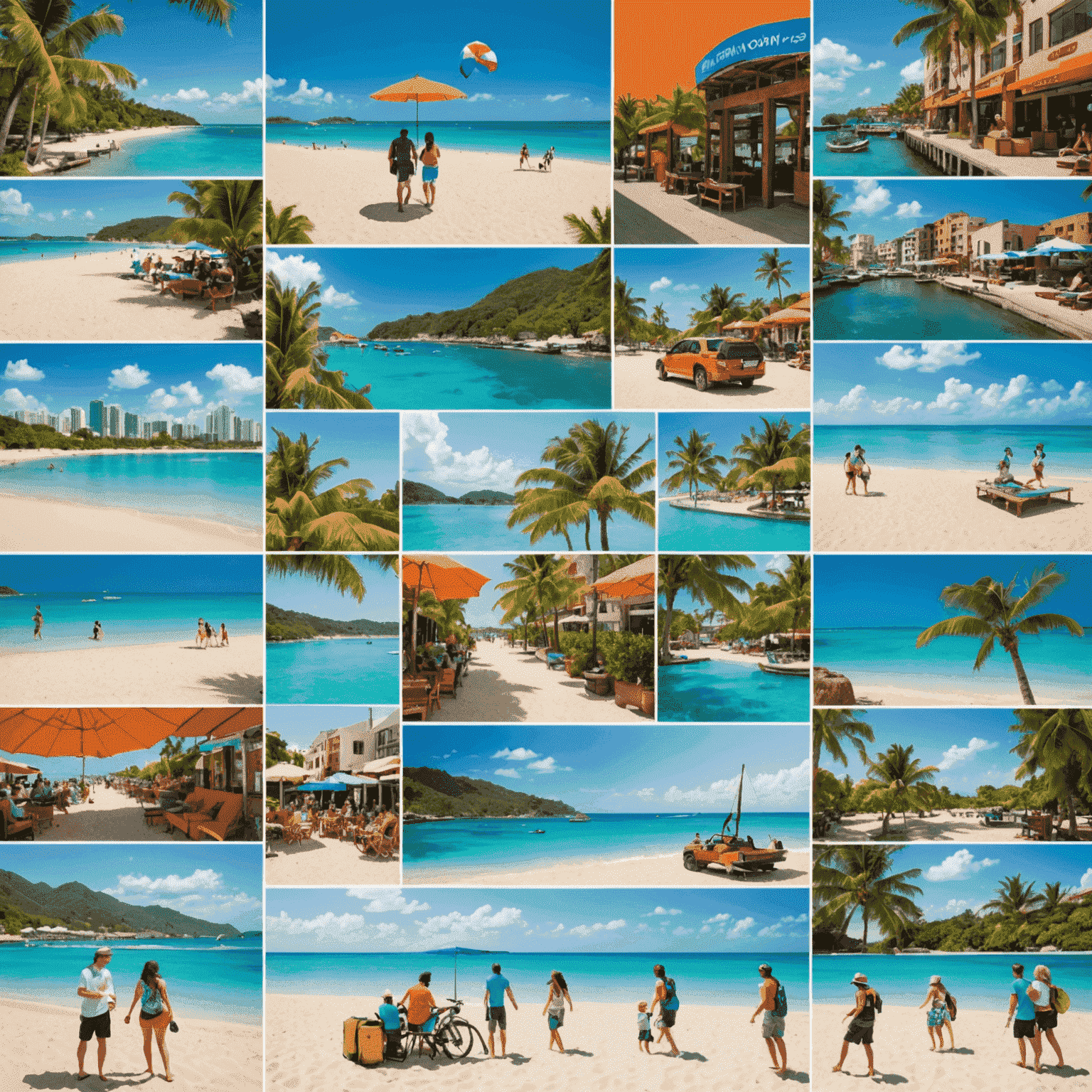 A collage of travel experiences: beach, city, and adventure activities, representing Gmqn's package deals