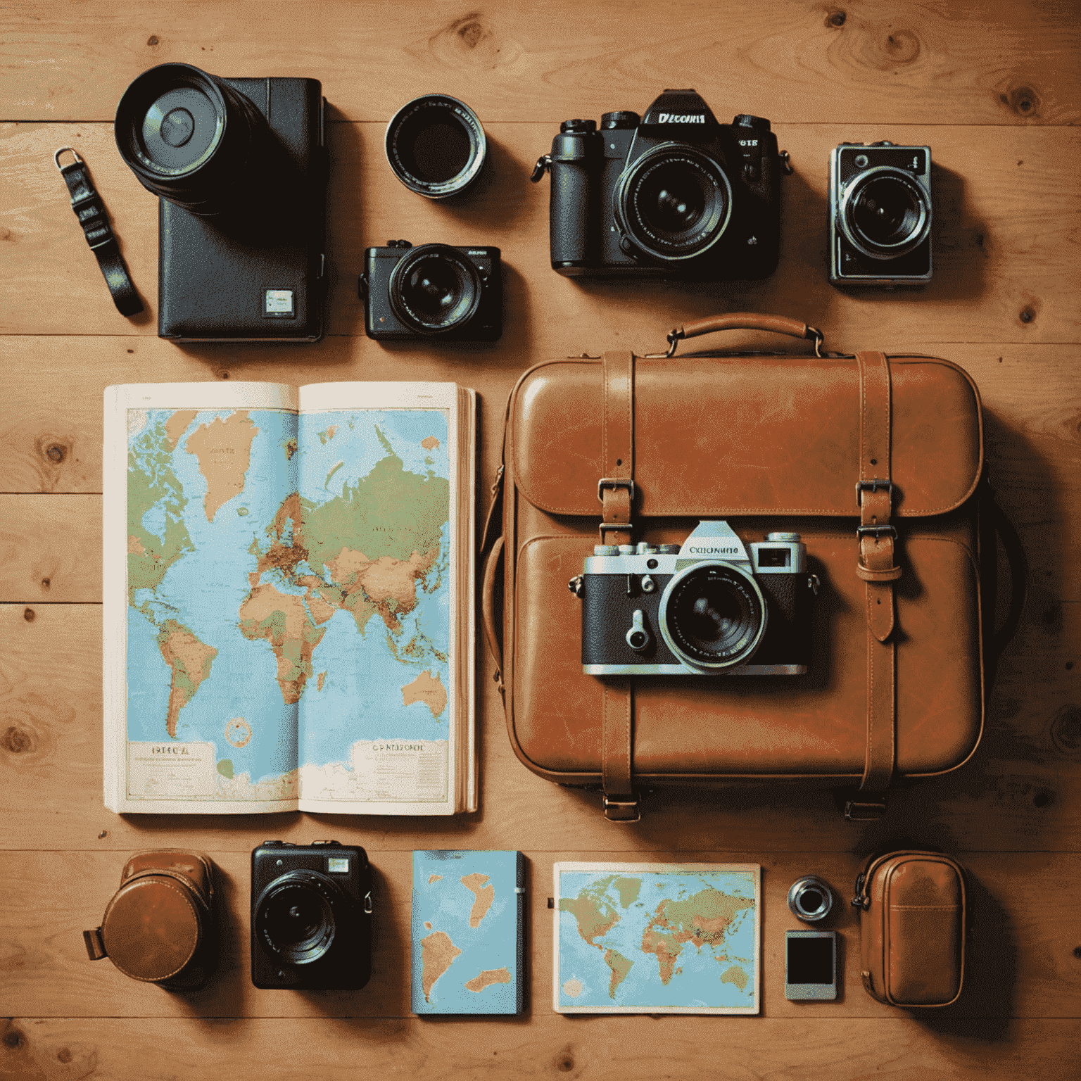 A collection of travel essentials: suitcase, map, camera, and a guidebook