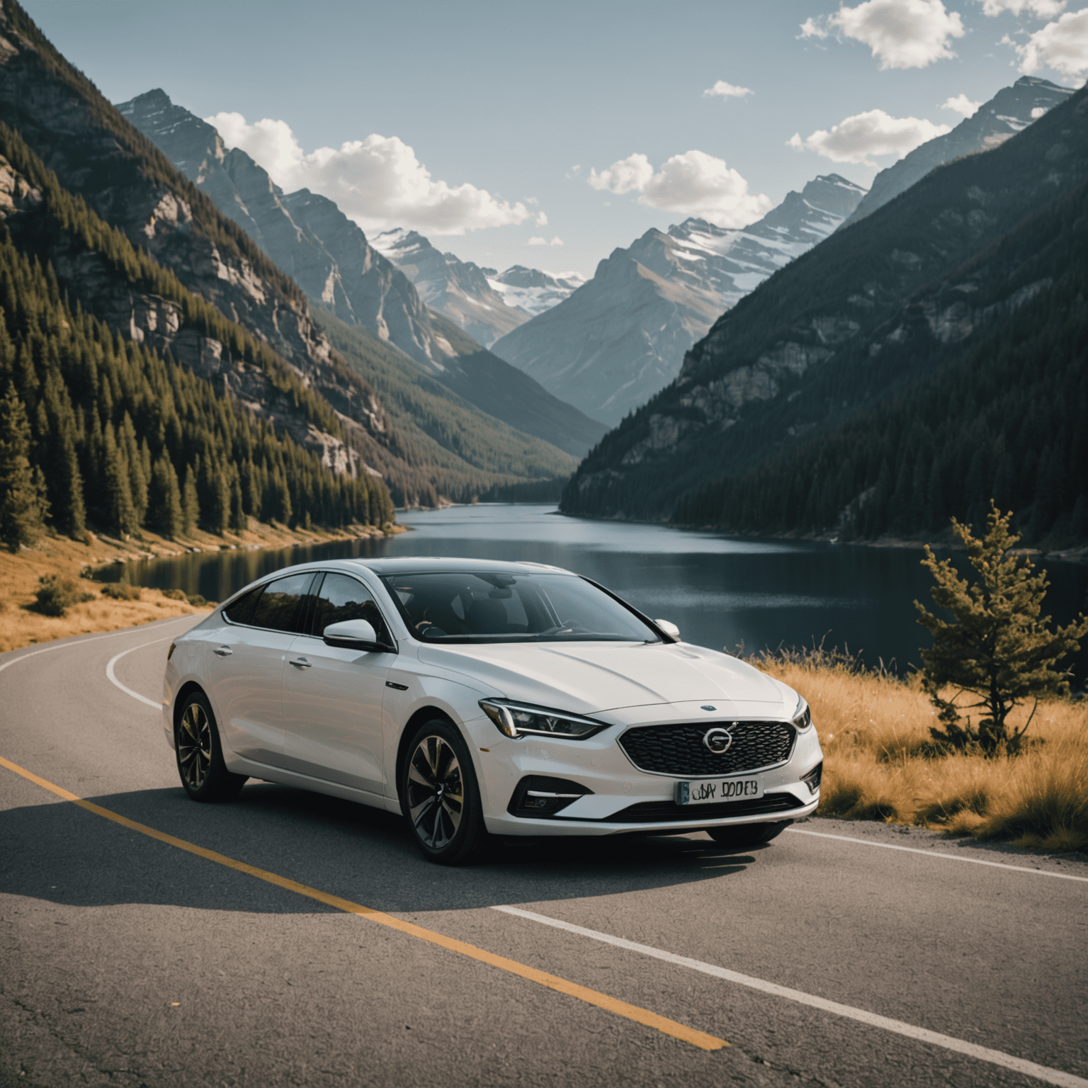 A sleek rental car parked in a scenic location, showcasing Gmqn's car rental service