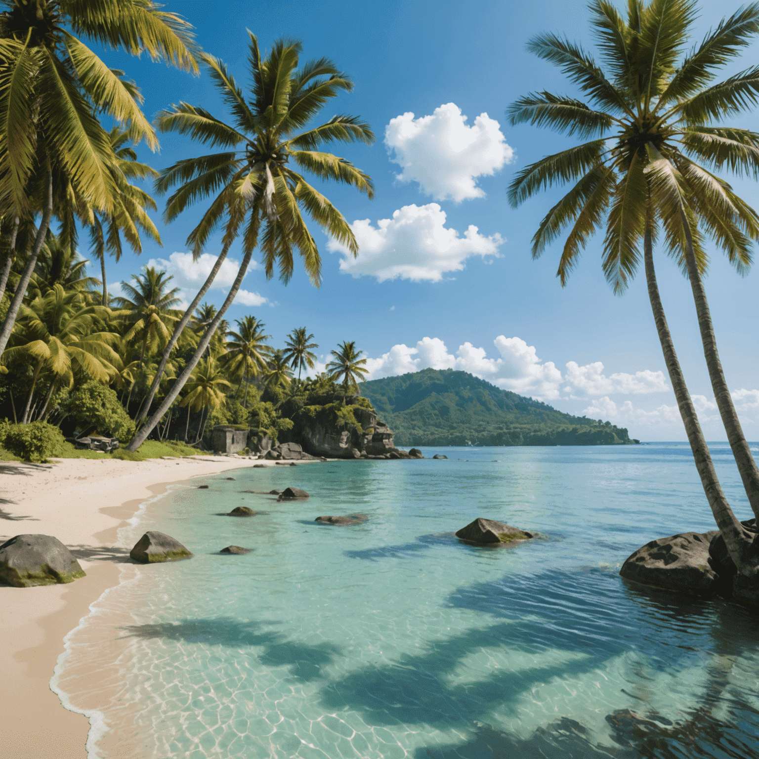 Serene beach scene in Bali, Indonesia, with crystal clear waters and palm trees