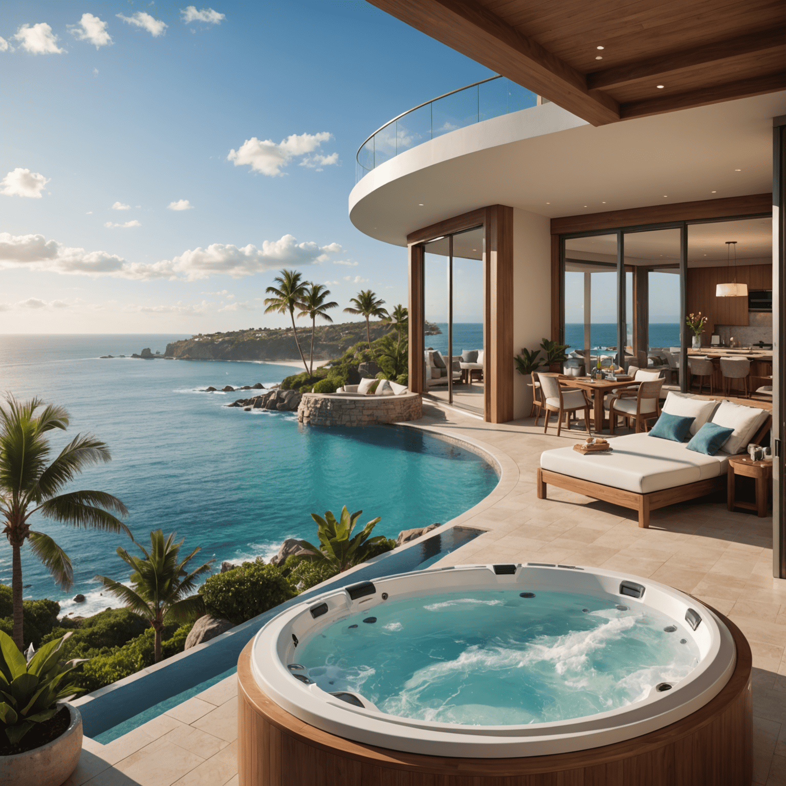 Luxury resort suite with a private balcony, jacuzzi, and panoramic ocean views