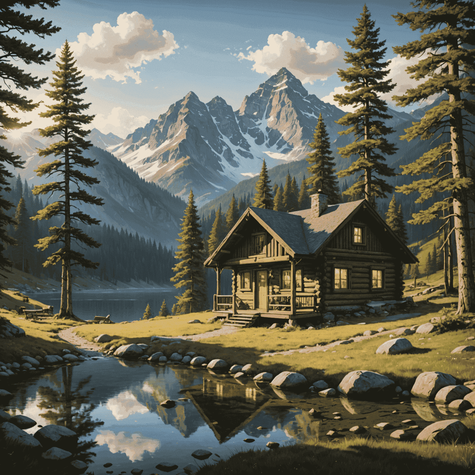 A serene mountain landscape with a cozy cabin, representing a peaceful nature retreat package